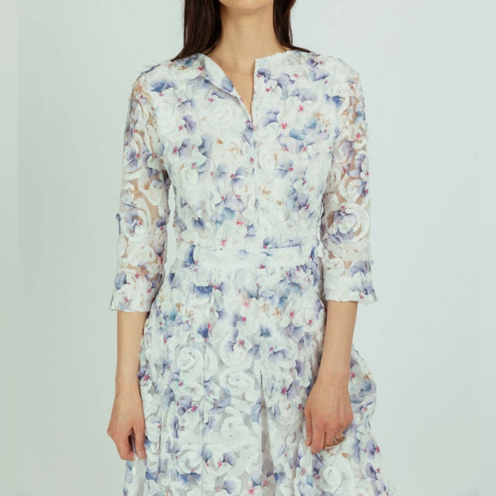 Nora Noh Indigo Pansy Dress Women’s Size 12 Floral 3D Midi 3/4 Sleeve Split Neck - Picture 3 of 16